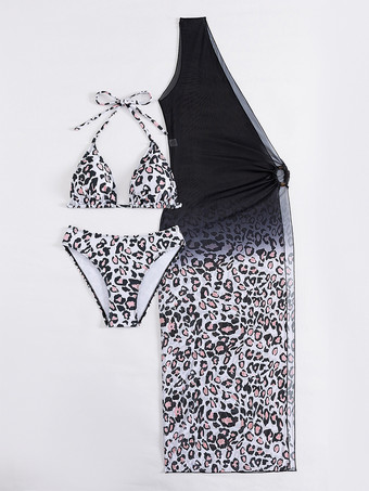 2025年夏にぴったりのヒョウ柄水着セット（ホルターネックビキニとカットアウトカバーアップ）