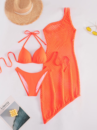 オレンジの水着セット シンプルなビキニと網タイツのカバーアップ 3点セット 2025年夏向け