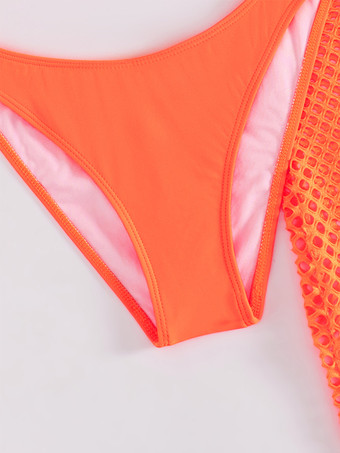 オレンジの水着セット シンプルなビキニと網タイツのカバーアップ 3点セット 2025年夏向け