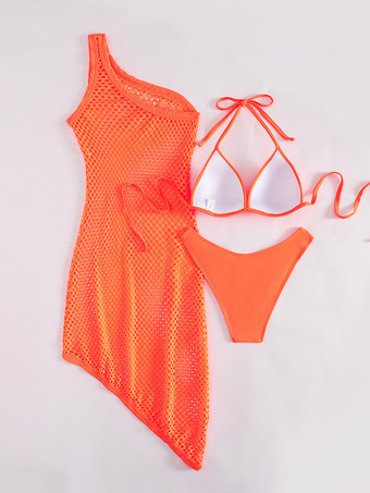オレンジの水着セット シンプルなビキニと網タイツのカバーアップ 3点セット 2025年夏向け
