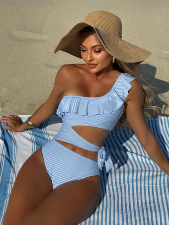 スカイブルーストライプモノキニカットアウトフリルワンショルダーワンピース水着2025