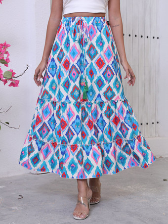 ブルー 幾何学模様のレイヤードマキシスカート（レディース）2025