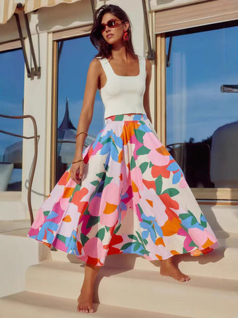 ホワイト レディース向けフローラルフレアシルエットロングスカート 2025