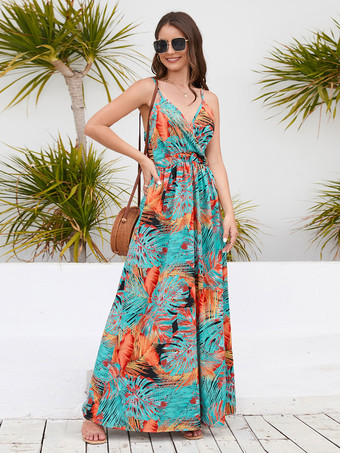 オレンジ トロピカルプリントのマキシドレス 夏用スリップドレス（レディース 2025）