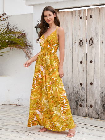 イエロートロピカルプリントのマキシドレス 夏用スリップドレス（レディース 2025）
