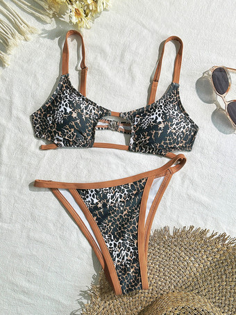 2025年夏向けカットアウトヒョウ柄ビキニ2ピース水着