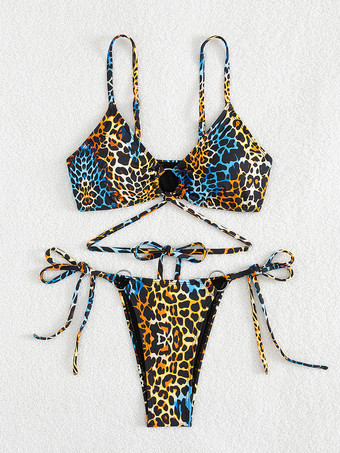 フロントリングディテールと調節可能なサイドタイが付いたアニマル柄ビキニ（2025年夏）