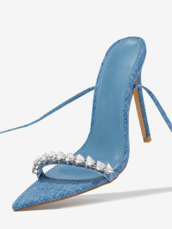 デニムハイヒールサンダル ラインストーン レースアップ パーティーシューズ レディース