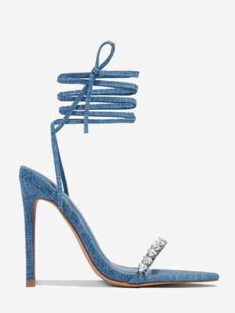 デニムハイヒールサンダル ラインストーン レースアップ パーティーシューズ レディース