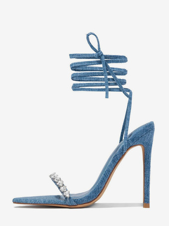 ライトスカイブルーデニムハイヒールサンダル ラインストーン レースアップ パーティーシューズ レディース