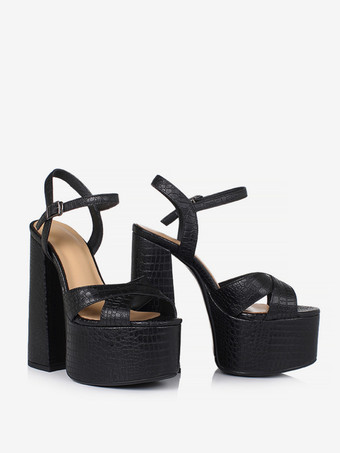 ブラックハイヒールサンダル 本革プラットフォーム オープントゥ チャンキーヒールサンダルシューズ