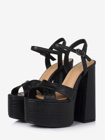 ブラックハイヒールサンダル 本革プラットフォーム オープントゥ チャンキーヒールサンダルシューズ