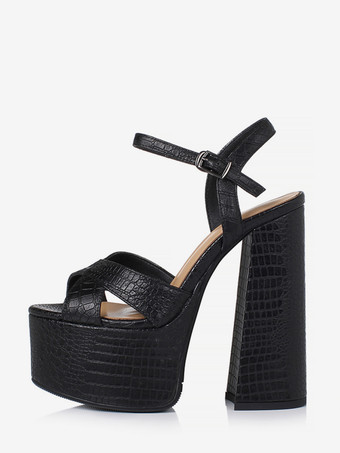 ブラックハイヒールサンダル 本革プラットフォーム オープントゥ チャンキーヒールサンダルシューズ