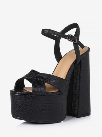 ブラック ブラックハイヒールサンダル 本革プラットフォーム オープントゥ チャンキーヒールサンダルシューズ