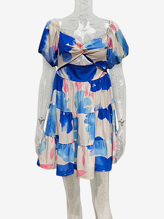 水彩プリントワンピース オフショルダー パフスリーブ サマーミニワンピース レディース 2026