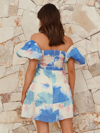 水彩プリントワンピース オフショルダー パフスリーブ サマーミニワンピース レディース 2026