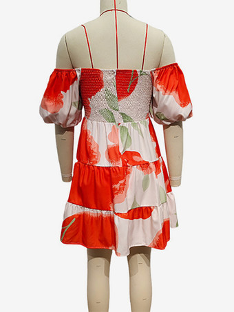 水彩プリントワンピース オフショルダー パフスリーブ サマーミニワンピース レディース 2026