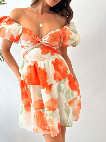 水彩プリントワンピース オフショルダー パフスリーブ サマーミニワンピース レディース 2026