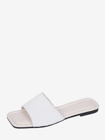 ホワイト レディースサンダルスライド ブラック オープントゥ フラットビーチサンダル スリッパ