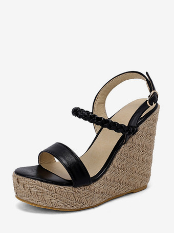 ブラック レディース ウェッジサンダル プラットフォーム オープントゥ サンダル シューズ