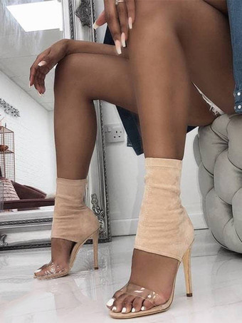 ライト アプリコットハイヒールサンダル オープントゥ 透明スティレットヒールサンダル ブーティ