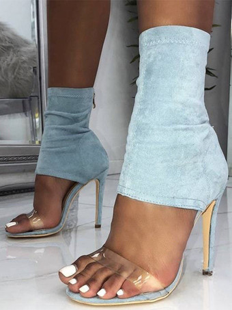 ライトスカイブルーハイヒールサンダル オープントゥ 透明スティレットヒールサンダル ブーティ