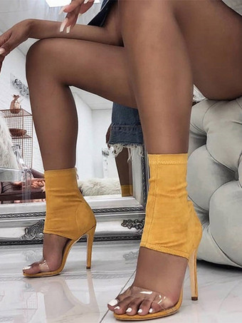 イエローハイヒールサンダル オープントゥ 透明スティレットヒールサンダル ブーティ