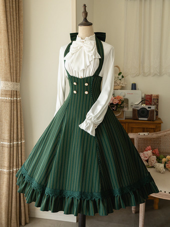 ダークグリーンクラシックロリータドレス ポリエステル ノースリーブ ストライプ クラシックレッドロリータドレス