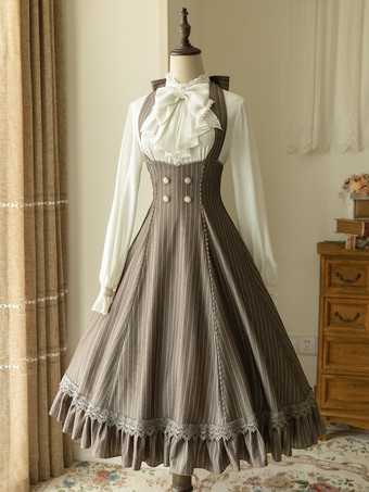 ブラウン クラシックロリータドレス ポリエステル ノースリーブ ストライプ クラシックレッドロリータドレス