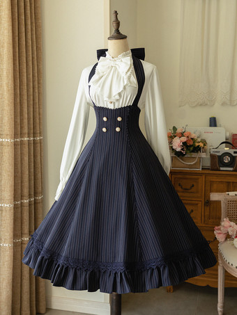 ダークネイビークラシックロリータドレス ポリエステル ノースリーブ ストライプ クラシックレッドロリータドレス