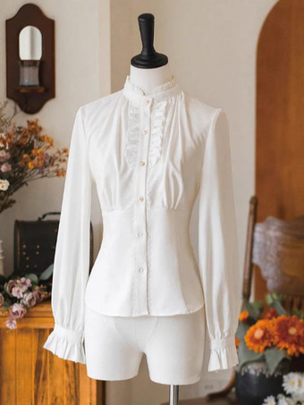 スイートロリータブラウス フリル 長袖ブラウス ロリータトップ エクリュ ホワイト ロリータシャツ