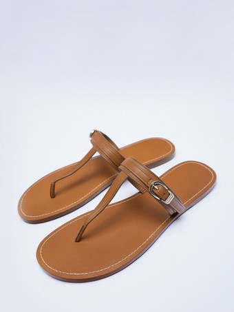 レディース フリップフロップサンダル ブラウン バックルディテール フラットビーチサンダル