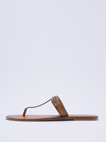 ラクダ色 レディース フリップフロップサンダル ブラウン バックルディテール フラットビーチサンダル