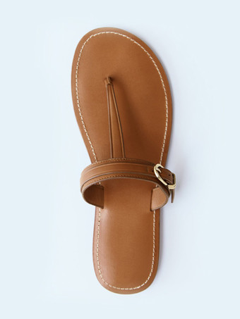 レディース フリップフロップサンダル ブラウン バックルディテール フラットビーチサンダル