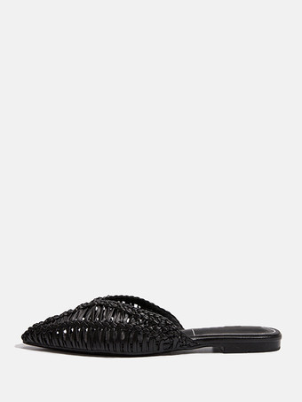 ブラック レディース フラットミュール ポインテッドトゥ ステインバックレス ビーチサンダル