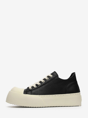 ブラック レディース スニーカー ラウンドトゥ フラットフォーム レースアップ スケートシューズ