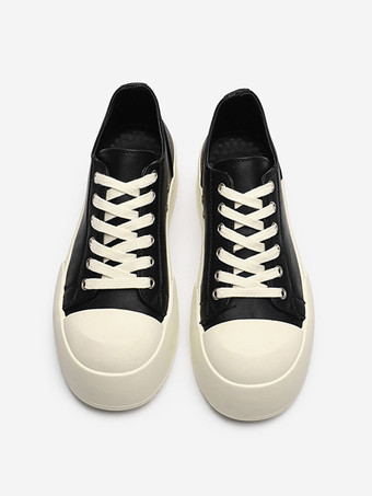 ブラック レディース スニーカー ラウンドトゥ フラットフォーム レースアップ スケートシューズ