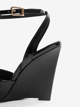 ブラックウェッジパンプス、ピープトゥ、アンクルストラップ、ウェッジシューズ（レディース）