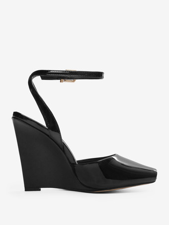 ブラックウェッジパンプス、ピープトゥ、アンクルストラップ、ウェッジシューズ（レディース）