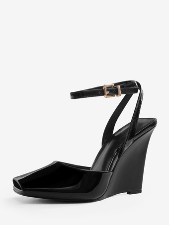 ブラックウェッジパンプス、ピープトゥ、アンクルストラップ、ウェッジシューズ（レディース）