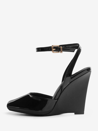 ブラックウェッジパンプス、ピープトゥ、アンクルストラップ、ウェッジシューズ（レディース）