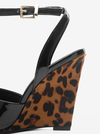 ブラックウェッジパンプス、ピープトゥ、アンクルストラップ、ウェッジシューズ（レディース）