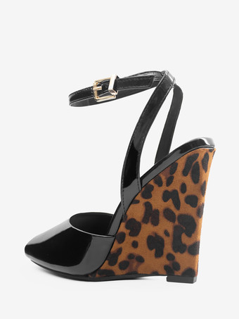 ブラックウェッジパンプス、ピープトゥ、アンクルストラップ、ウェッジシューズ（レディース）