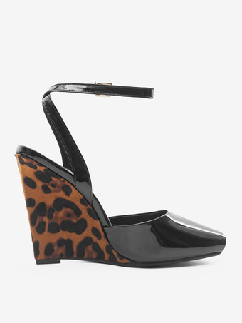 ブラックウェッジパンプス、ピープトゥ、アンクルストラップ、ウェッジシューズ（レディース）