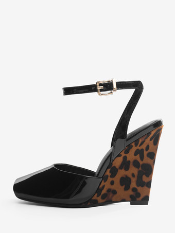 ブラックウェッジパンプス、ピープトゥ、アンクルストラップ、ウェッジシューズ（レディース）