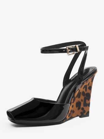 ブラックウェッジパンプス、ピープトゥ、アンクルストラップ、ウェッジシューズ（レディース）