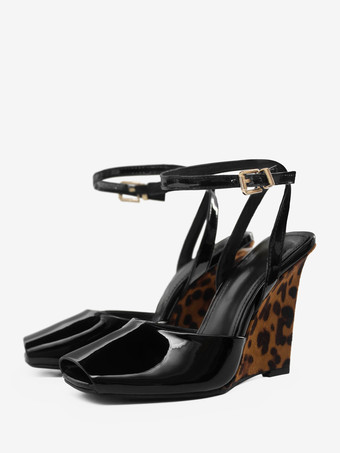 Scarpe con zeppa nere punta aperta cinturino alla caviglia per donna