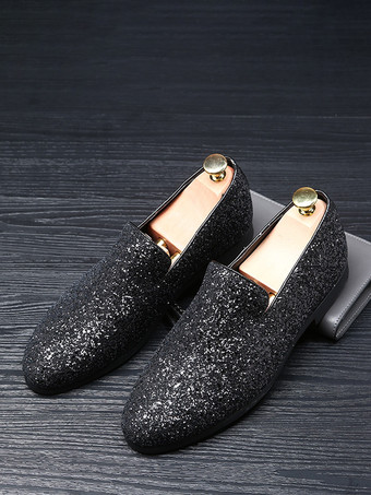 ブラック メンズ リベットローファー スリッポン ポインテッドトゥ グリッター ペニーシューズ タキシードスーツ ドレス プロムシューズ