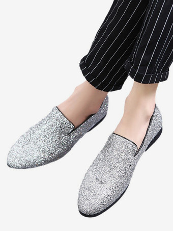 メンズ リベットローファー スリッポン ポインテッドトゥ グリッター ペニーシューズ タキシードスーツ ドレス プロムシューズ