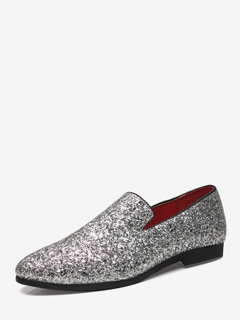 シルバー メンズ リベットローファー スリッポン ポインテッドトゥ グリッター ペニーシューズ タキシードスーツ ドレス プロムシューズ